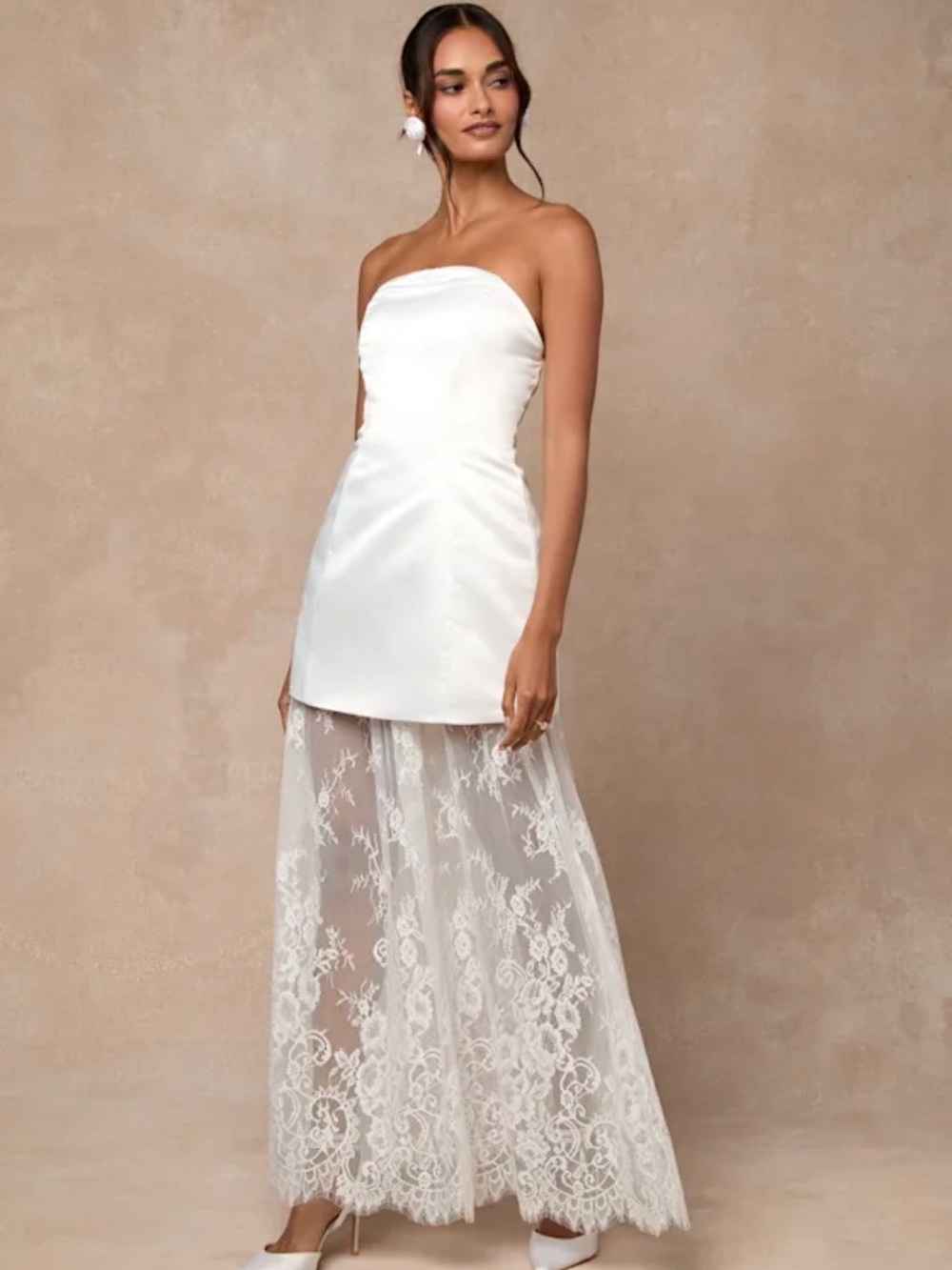Strapless White Lace Overlay Maxi Dress